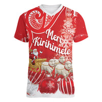 New Zealand Christmas In July Personalised Women V-Neck T-Shirt Funny Santa Sheep Meri Kirihimete Red LT14 Female Red - Polynesian Pride