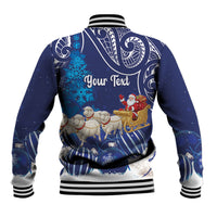 New Zealand Christmas In July Personalised Baseball Jacket Funny Santa Sheep Meri Kirihimete Blue LT14 - Polynesian Pride