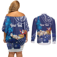 New Zealand Christmas In July Personalised Couples Matching Off Shoulder Short Dress and Long Sleeve Button Shirt Funny Santa Sheep Meri Kirihimete Blue LT14 - Polynesian Pride