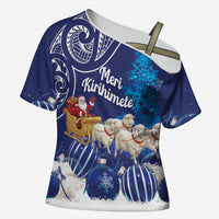 New Zealand Christmas In July Personalised Cross Shoulder Shirt Funny Santa Sheep Meri Kirihimete Blue LT14 Female Blue - Polynesian Pride