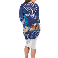 New Zealand Christmas In July Personalised Family Matching Long Sleeve Bodycon Dress and Hawaiian Shirt Funny Santa Sheep Meri Kirihimete Blue LT14 - Polynesian Pride