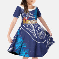 New Zealand Christmas In July Personalised Family Matching Off The Shoulder Long Sleeve Dress and Hawaiian Shirt Funny Santa Sheep Meri Kirihimete Blue LT14 Daughter's Dress Blue - Polynesian Pride