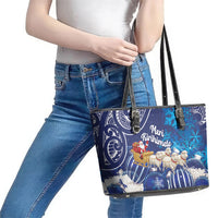 New Zealand Christmas In July Leather Tote Bag Funny Santa Sheep Meri Kirihimete Blue LT14 - Polynesian Pride