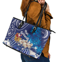 New Zealand Christmas In July Leather Tote Bag Funny Santa Sheep Meri Kirihimete Blue LT14 - Polynesian Pride