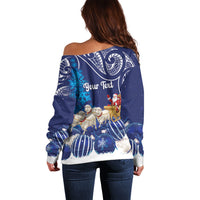 New Zealand Christmas In July Personalised Off Shoulder Sweater Funny Santa Sheep Meri Kirihimete Blue LT14 - Polynesian Pride
