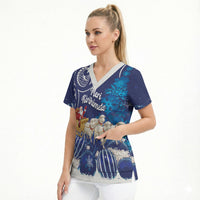 New Zealand Christmas In July Personalised Scrub Top Funny Santa Sheep Meri Kirihimete Blue LT14 - Polynesian Pride