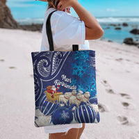 New Zealand Christmas In July Tote Bag Funny Santa Sheep Meri Kirihimete Blue LT14 - Polynesian Pride
