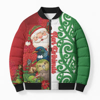 Meri Kirihimete New Zealand Personalised Bomber Puffer Jacket Cute Santa NZ Animals and Pohutukawa LT14 Unisex Red - Polynesian Pride