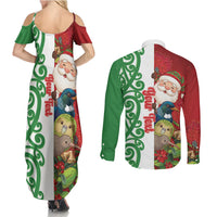 Meri Kirihimete New Zealand Personalised Couples Matching Summer Maxi Dress and Long Sleeve Button Shirt Cute Santa NZ Animals and Pohutukawa LT14 - Polynesian Pride