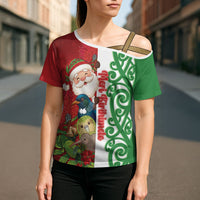 Meri Kirihimete New Zealand Personalised Cross Shoulder Shirt Cute Santa NZ Animals and Pohutukawa LT14 - Polynesian Pride