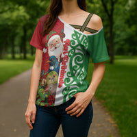 Meri Kirihimete New Zealand Personalised Cross Shoulder Shirt Cute Santa NZ Animals and Pohutukawa LT14 - Polynesian Pride