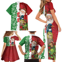 Meri Kirihimete New Zealand Personalised Family Matching Short Sleeve Bodycon Dress and Hawaiian Shirt Cute Santa NZ Animals and Pohutukawa LT14 - Polynesian Pride