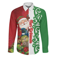 Meri Kirihimete New Zealand Personalised Family Matching Summer Maxi Dress and Hawaiian Shirt Cute Santa NZ Animals and Pohutukawa LT14 Dad's Shirt - Long Sleeve Red - Polynesian Pride