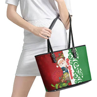 Meri Kirihimete New Zealand Leather Tote Bag Cute Santa NZ Animals and Pohutukawa LT14 - Polynesian Pride