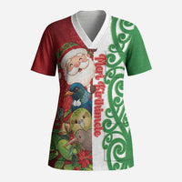 Meri Kirihimete New Zealand Personalised Scrub Top Cute Santa NZ Animals and Pohutukawa LT14 Adult Red - Polynesian Pride