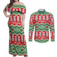 New Zealand Christmas In July Couples Matching Off Shoulder Maxi Dress and Long Sleeve Button Shirt Meri Kirihimete Hei Tiki Taniko Motifs Seamless LT14 Red - Polynesian Pride