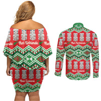 New Zealand Christmas In July Couples Matching Off Shoulder Short Dress and Long Sleeve Button Shirt Meri Kirihimete Hei Tiki Taniko Motifs Seamless LT14 - Polynesian Pride