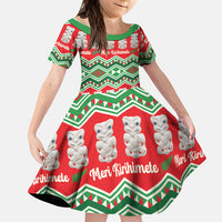 New Zealand Christmas In July Family Matching Off The Shoulder Long Sleeve Dress and Hawaiian Shirt Meri Kirihimete Hei Tiki Taniko Motifs Seamless LT14 Daughter's Dress Red - Polynesian Pride