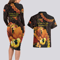 Papua New Guinea Independence Day Couples Matching Long Sleeve Bodycon Dress and Hawaiian Shirt 50th Anniversary Papua Niu Gini Bird Of Paradise LT14 - Polynesian Pride