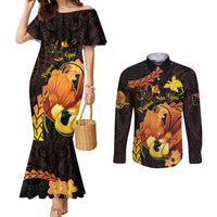 Papua New Guinea Independence Day Couples Matching Mermaid Dress and Long Sleeve Button Shirt 50th Anniversary Papua Niu Gini Bird Of Paradise LT14 Black - Polynesian Pride