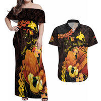 Papua New Guinea Independence Day Couples Matching Off Shoulder Maxi Dress and Hawaiian Shirt 50th Anniversary Papua Niu Gini Bird Of Paradise LT14 Black - Polynesian Pride