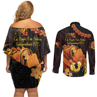 Papua New Guinea Independence Day Couples Matching Off Shoulder Short Dress and Long Sleeve Button Shirt 50th Anniversary Papua Niu Gini Bird Of Paradise LT14 - Polynesian Pride