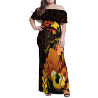 Papua New Guinea Independence Day Family Matching Off Shoulder Maxi Dress and Hawaiian Shirt 50th Anniversary Papua Niu Gini Bird Of Paradise LT14 Mom's Dress Black - Polynesian Pride
