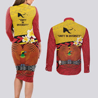 Papua New Guinea Independence Day Couples Matching Long Sleeve Bodycon Dress and Long Sleeve Button Shirt Since 1975 Unity In Diversity LT14 - Polynesian Pride