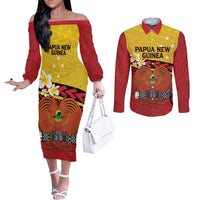 Papua New Guinea Independence Day Couples Matching Off The Shoulder Long Sleeve Dress and Long Sleeve Button Shirt Since 1975 Unity In Diversity LT14 Red - Polynesian Pride
