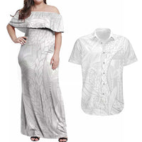 Samoa White Sunday Couples Matching Off Shoulder Maxi Dress and Hawaiian Shirt Lotu Tamaiti Siapo With Teuila LT14 White - Polynesian Pride