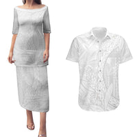 Samoa White Sunday Couples Matching Puletasi and Hawaiian Shirt Lotu Tamaiti Siapo With Teuila LT14 White - Polynesian Pride