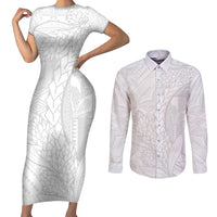 Samoa White Sunday Couples Matching Short Sleeve Bodycon Dress and Long Sleeve Button Shirt Lotu Tamaiti Siapo With Teuila LT14 White - Polynesian Pride