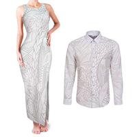 Samoa White Sunday Couples Matching Tank Maxi Dress and Long Sleeve Button Shirt Lotu Tamaiti Siapo With Teuila LT14 White - Polynesian Pride
