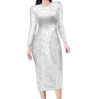 Samoa White Sunday Family Matching Long Sleeve Bodycon Dress and Hawaiian Shirt Lotu Tamaiti Siapo With Teuila LT14 Mom's Dress White - Polynesian Pride