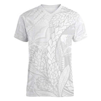 Samoa White Sunday Women V-Neck T-Shirt Lotu Tamaiti Siapo With Teuila LT14 Female White - Polynesian Pride