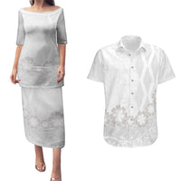 Tonga White Sunday Couples Matching Puletasi and Hawaiian Shirt Manuia le Aso Sa o Tamaiti Heilala With Ngatu Pattern LT14 White - Polynesian Pride