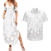 Tonga White Sunday Couples Matching Summer Maxi Dress and Hawaiian Shirt Manuia le Aso Sa o Tamaiti Heilala With Ngatu Pattern LT14 White - Polynesian Pride