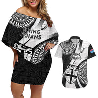 Fiji Rugby Couples Matching Off Shoulder Short Dress and Hawaiian Shirt World Cup 2023 Go Champions Fijian Tapa Black Version LT14 Black - Polynesian Pride