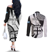 Custom Fiji Rugby Couples Matching Off The Shoulder Long Sleeve Dress and Long Sleeve Button Shirts World Cup 2023 Go Champions Fijian Tapa Black Version LT14 - Polynesian Pride