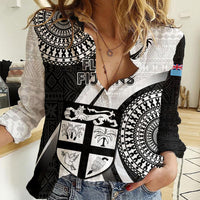 Custom Fiji Rugby Women Casual Shirt World Cup 2023 Go Champions Fijian Tapa Black Version LT14 Female Black - Polynesian Pride