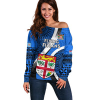 Custom Fiji Rugby Off Shoulder Sweater World Cup 2023 Go Champions Fijian Tapa Blue Version LT14 Women Blue - Polynesian Pride
