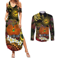 Papua New Guinea 50th Independence Anniversary Couples Matching Summer Maxi Dress and Long Sleeve Button Shirt Independen Stet bilong Papua Niu Gini LT14 Black - Polynesian Pride