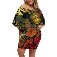 Papua New Guinea 50th Independence Anniversary Off Shoulder Short Dress Independen Stet bilong Papua Niu Gini LT14 Women Black - Polynesian Pride