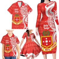 Personalised Kolisi Tonga Family Matching Long Sleeve Bodycon Dress and Hawaiian Shirt Mate Maa Tonga Ngatu Pattern LT14 - Polynesian Pride