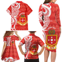 Personalised Kolisi Tonga Family Matching Long Sleeve Bodycon Dress and Hawaiian Shirt Mate Maa Tonga Ngatu Pattern LT14 - Polynesian Pride