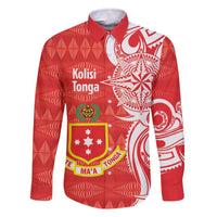 Personalised Kolisi Tonga Family Matching Off The Shoulder Long Sleeve Dress and Hawaiian Shirt Mate Maa Tonga Ngatu Pattern LT14 Dad's Shirt - Long Sleeve Red - Polynesian Pride