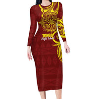 Personalised Tonga High School Family Matching Long Sleeve Bodycon Dress and Hawaiian Shirt THS Tongan Ngatu Pattern LT14 Mom's Dress Maroon - Polynesian Pride