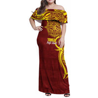 Personalised Tonga High School Family Matching Off Shoulder Maxi Dress and Hawaiian Shirt THS Tongan Ngatu Pattern LT14 Mom's Dress Maroon - Polynesian Pride