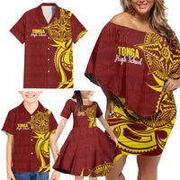 Personalised Tonga High School Family Matching Off Shoulder Short Dress and Hawaiian Shirt THS Tongan Ngatu Pattern LT14 - Polynesian Pride