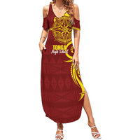 Personalised Tonga High School Family Matching Summer Maxi Dress and Hawaiian Shirt THS Tongan Ngatu Pattern LT14 Mom's Dress Maroon - Polynesian Pride